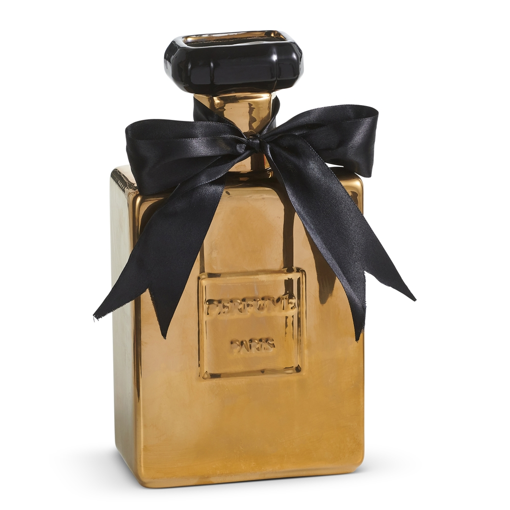 Gold ceramic 10-inch perfume bottle vase with a black cap and a large black satin bow.