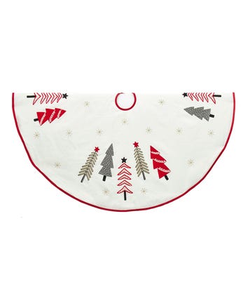 Round embroidered tree skirt in ivory with green and red floral patterns on polyester fabric.