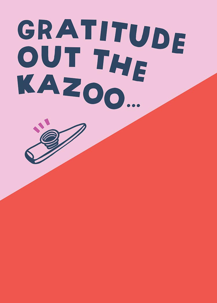 Gratitude greeting card with pink and red sections featuring a cute kazoo illustration.