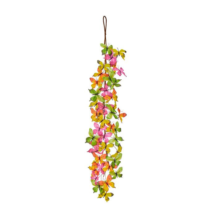 36-inch butterfly garland with a natural green leaf base featuring colorful printed butterflies in various sizes.