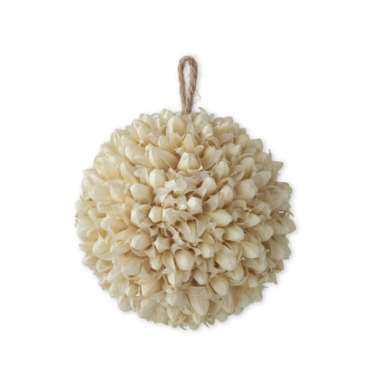 Cream-colored dried pod ball ornament made from Toona sinensis wood with a spherical silhouette.