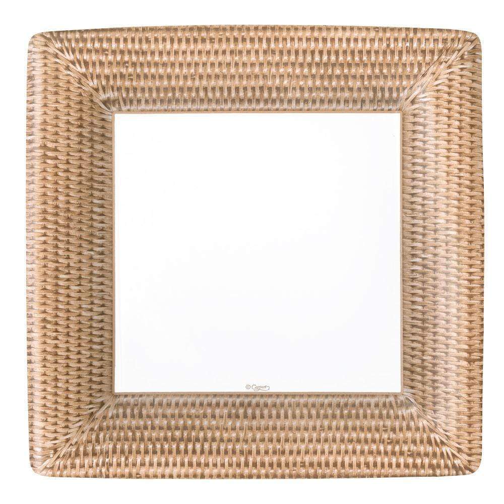 Pack of eight square paper dinner plates printed in the USA with water-based dyes.