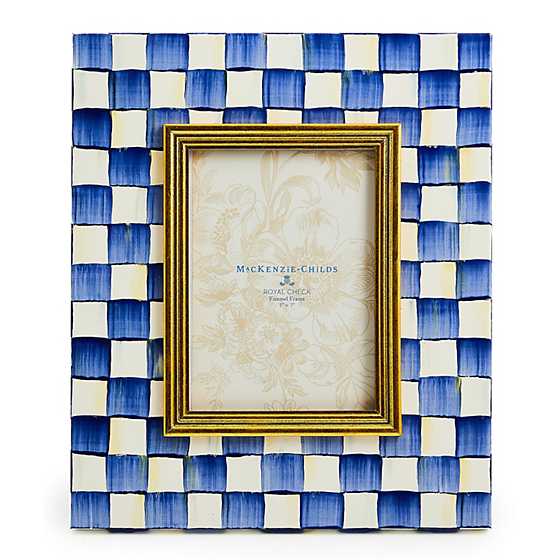 Royal Check Enamel Frame with a blue and white hand-painted checkered pattern and gold inner border.