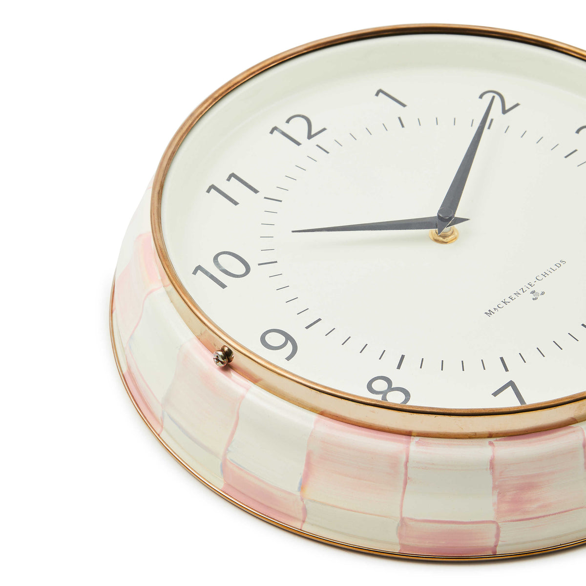 Close-up of a Rosy Check School Wall Clock with hand-painted pink checks and bronzed steel rim.