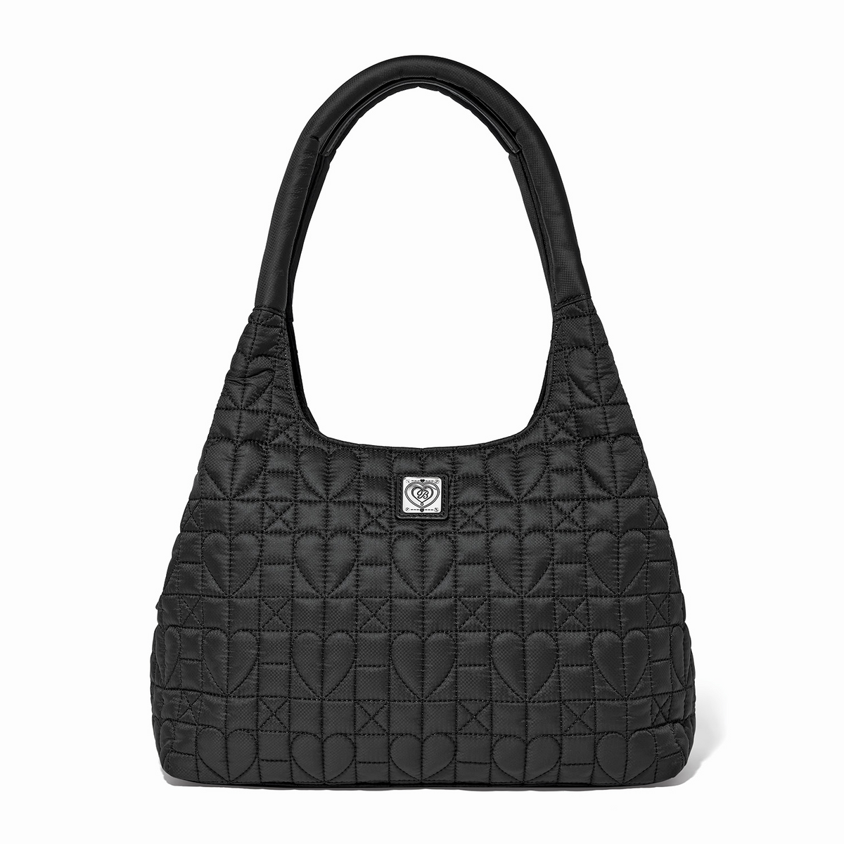 Black quilted nylon Alana medium shoulder bag with heart-shaped stitching and a top handle.
