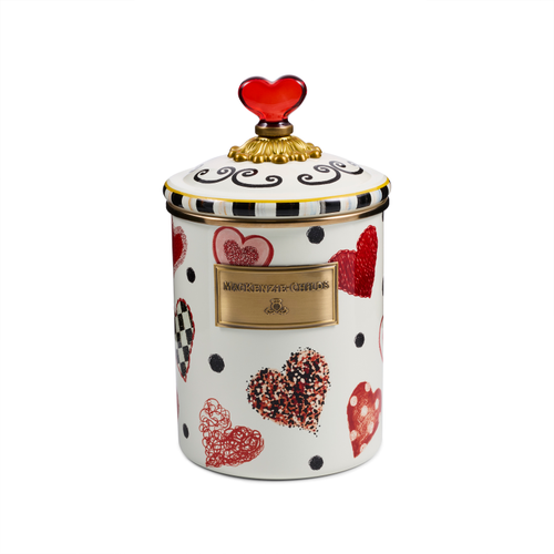 White ceramic Love Medium Canister with red heart patterns, black dots, and a red heart lid knob.