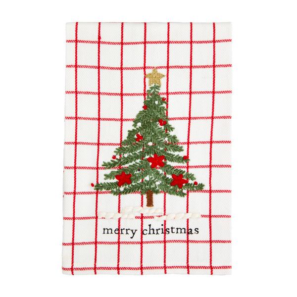 White cotton hand towel with red Christmas tree embroidery