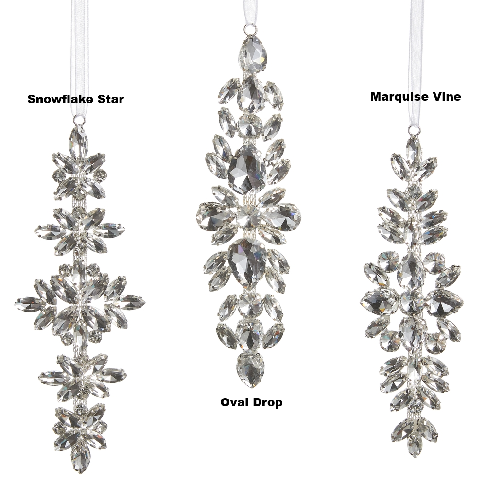 Three styles of 6.5-inch clear jewel drop ornaments: Snowflake Star, Oval Drop, and Marquise Vine.
