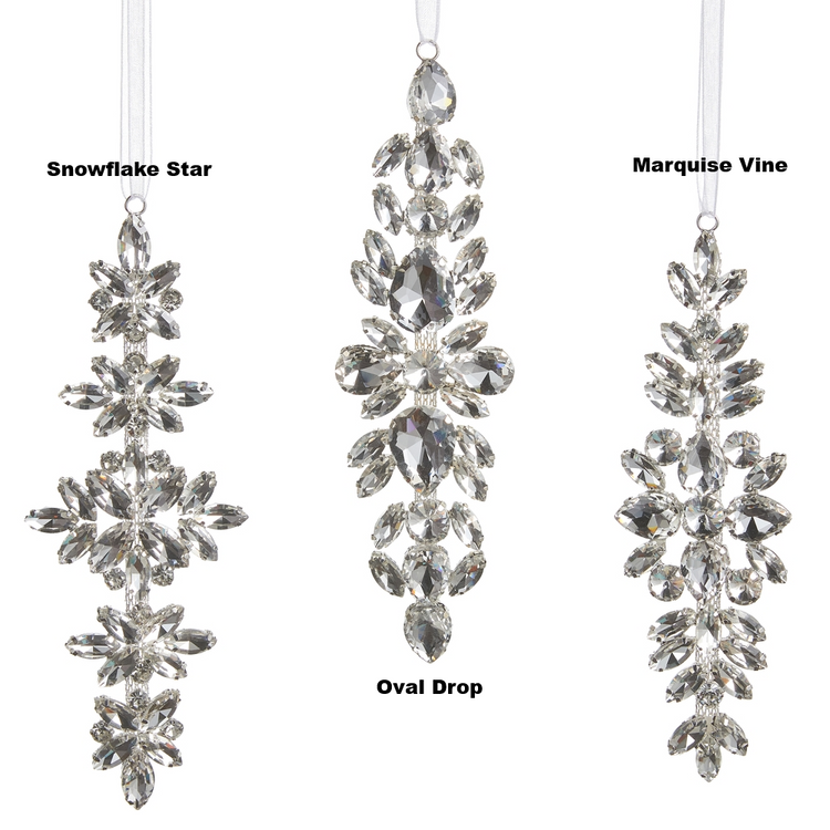 Three styles of 6.5-inch clear jewel drop ornaments: Snowflake Star, Oval Drop, and Marquise Vine.