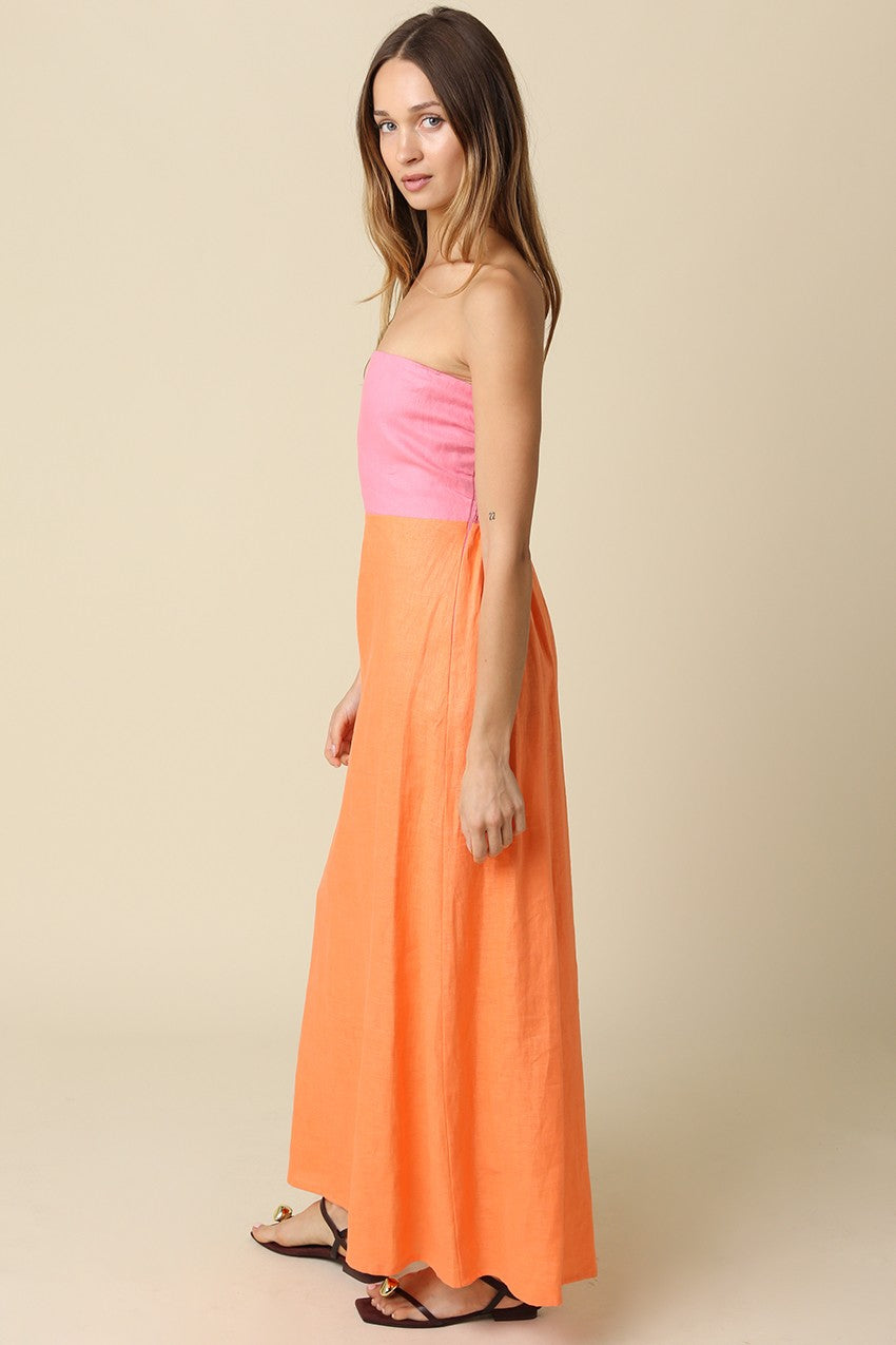 Mei Contrast strapless linen maxi dress with smocked back panel in natural color