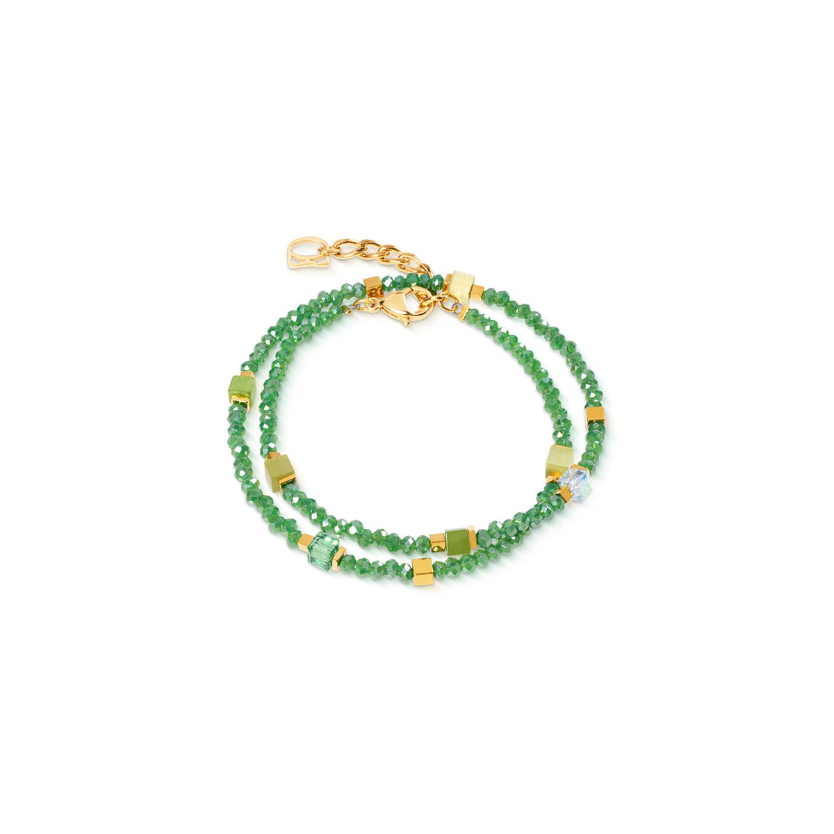 Double-wrap green beaded bracelet with gold-plated cube accents and a lobster clasp.