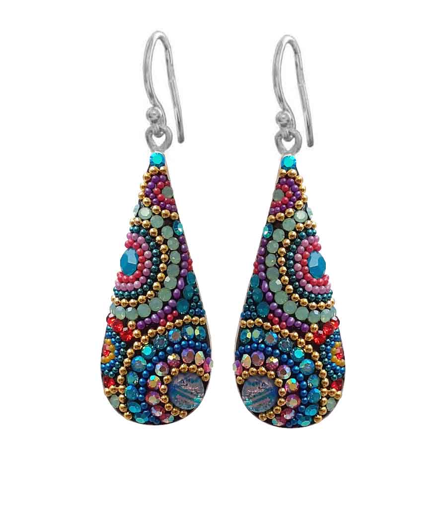 Long teardrop mosaic earrings featuring colorful Austrian crystals and sterling silver hooks.