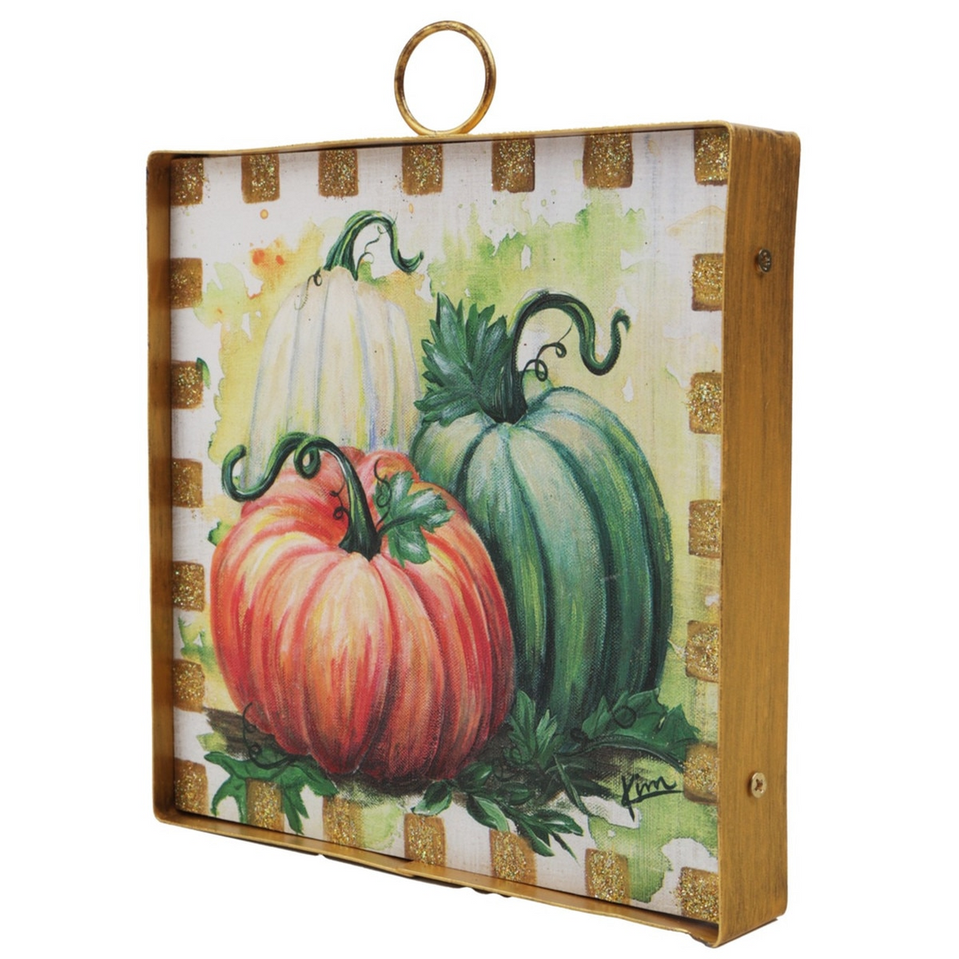 Mini Art Pumpkin Trio featuring a white, orange, and green pumpkin in a gold metal frame.