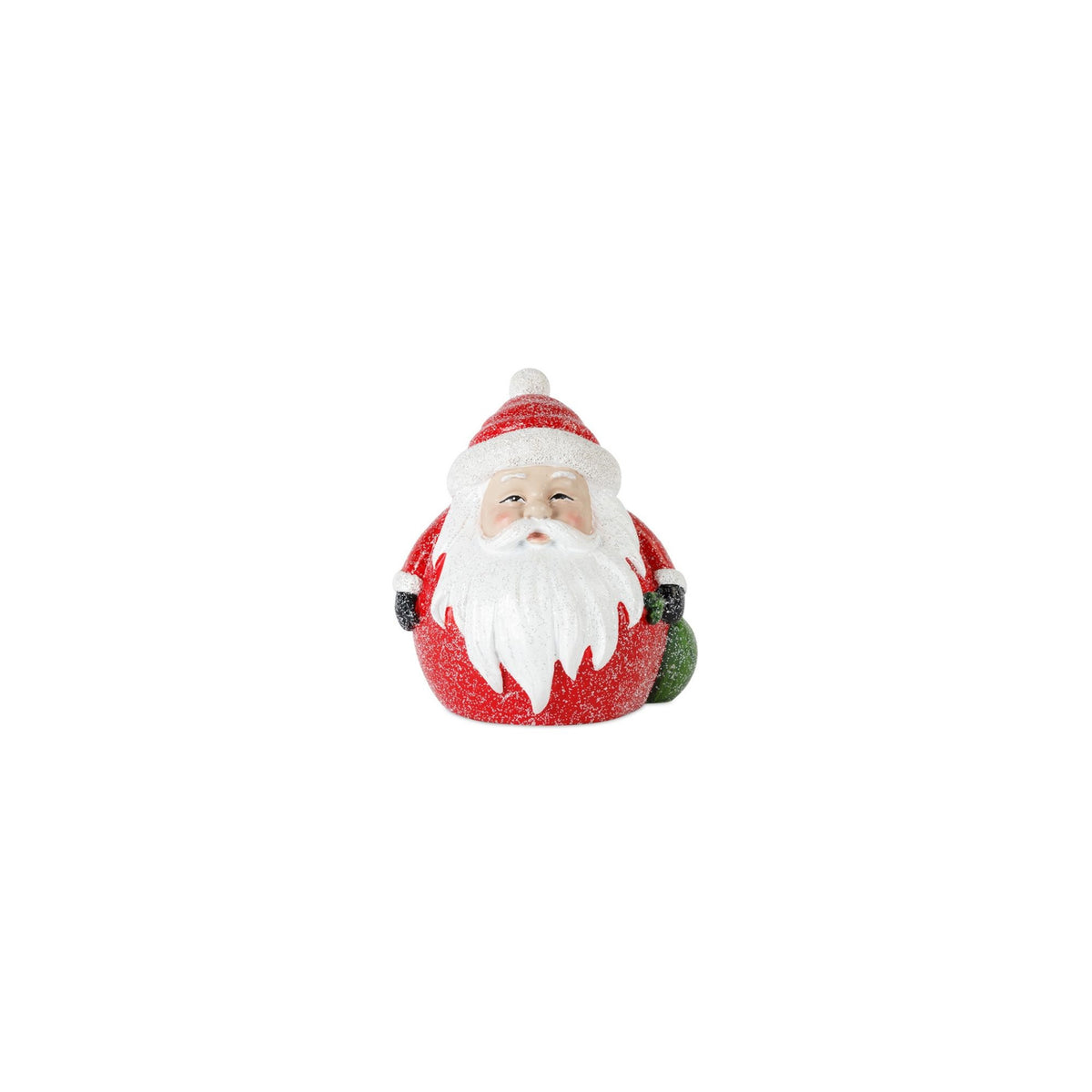 Round resin Chibbi Santa figurine with a white beard, red suit, and a green gift sack.