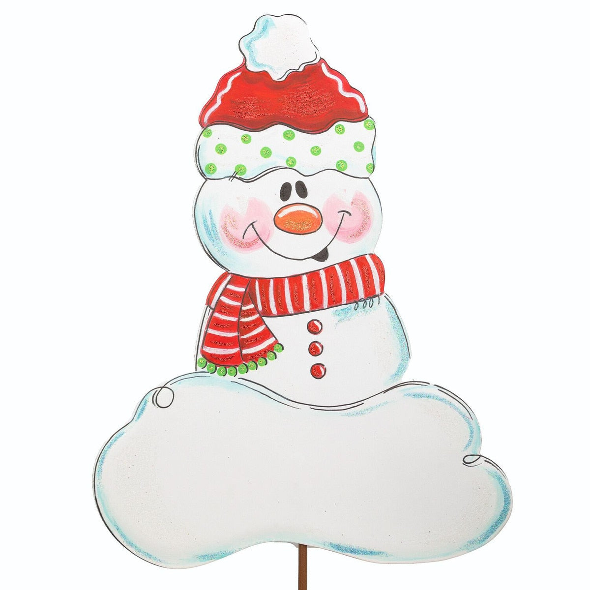 Red knit scarf with white snowman motif on black background