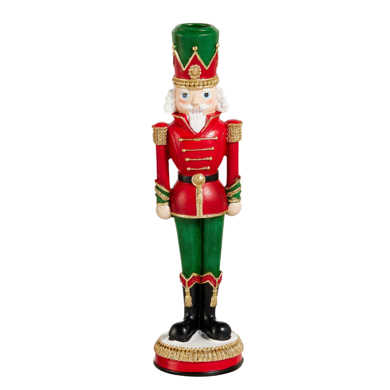 10-inch red and green resin nutcracker candlestick holder with gold accents on a white base.