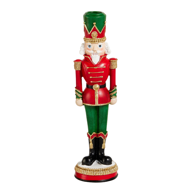 10-inch red and green resin nutcracker candlestick holder with gold accents on a white base.