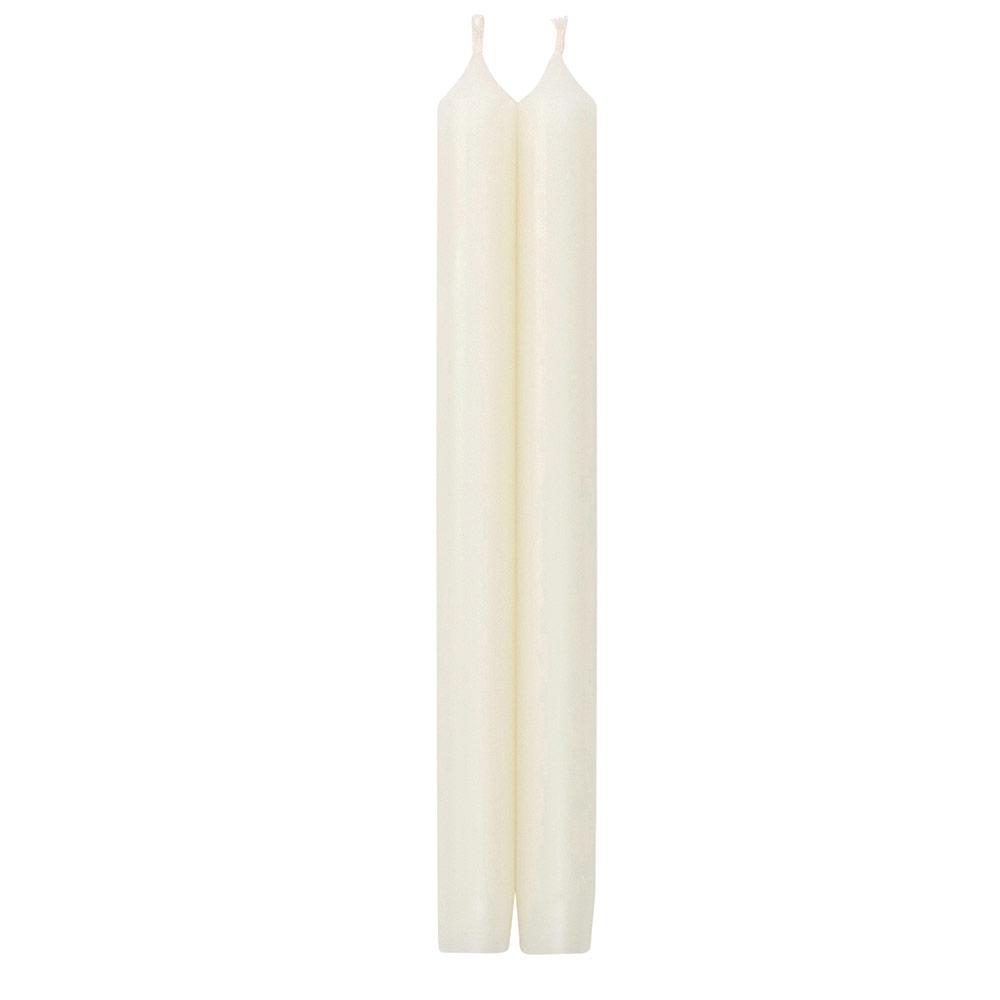 Pair of straight taper crown candles with tapered bottoms in a cellophane pack.