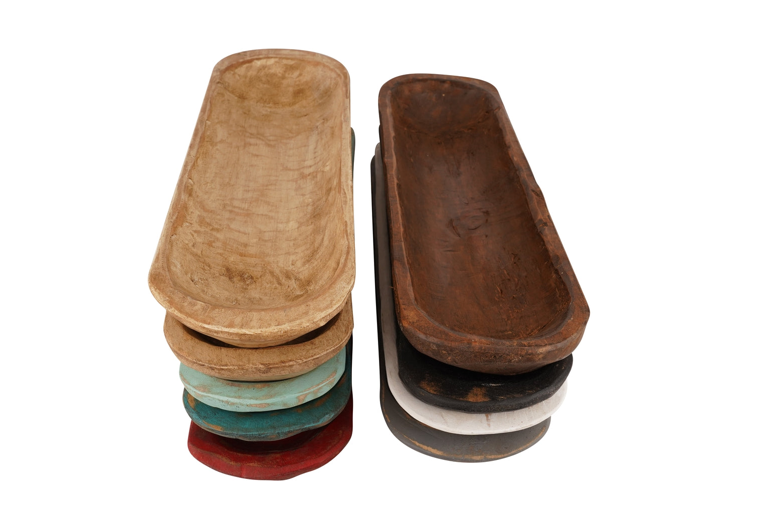 Two stacks of small wooden baguette bread bowls in various natural and painted finishes.