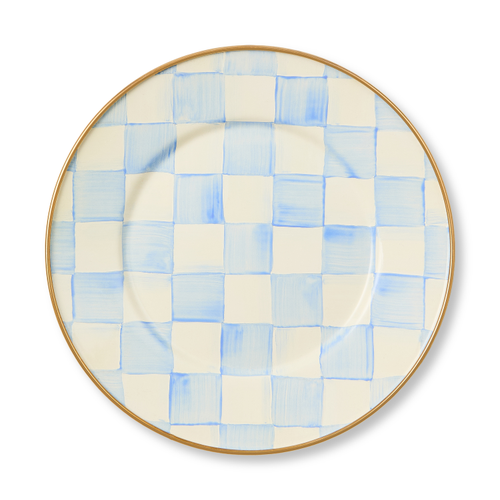 Hand-painted Sky Blue Check salad plate with bronzed stainless steel rim on heavy-gauge steel.