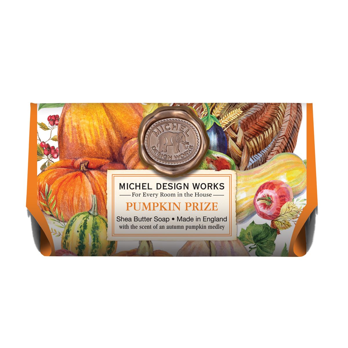 Michel Design Works Pumpkin Prize shea butter soap bar with autumn harvest illustration.