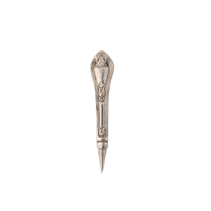 Victorian-style silver-plated brass pen with an ornate knife handle design on a white background.