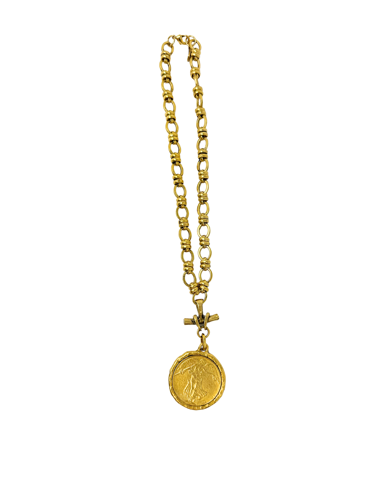 Bold gold cable chain necklace featuring a round Liberty coin pendant.