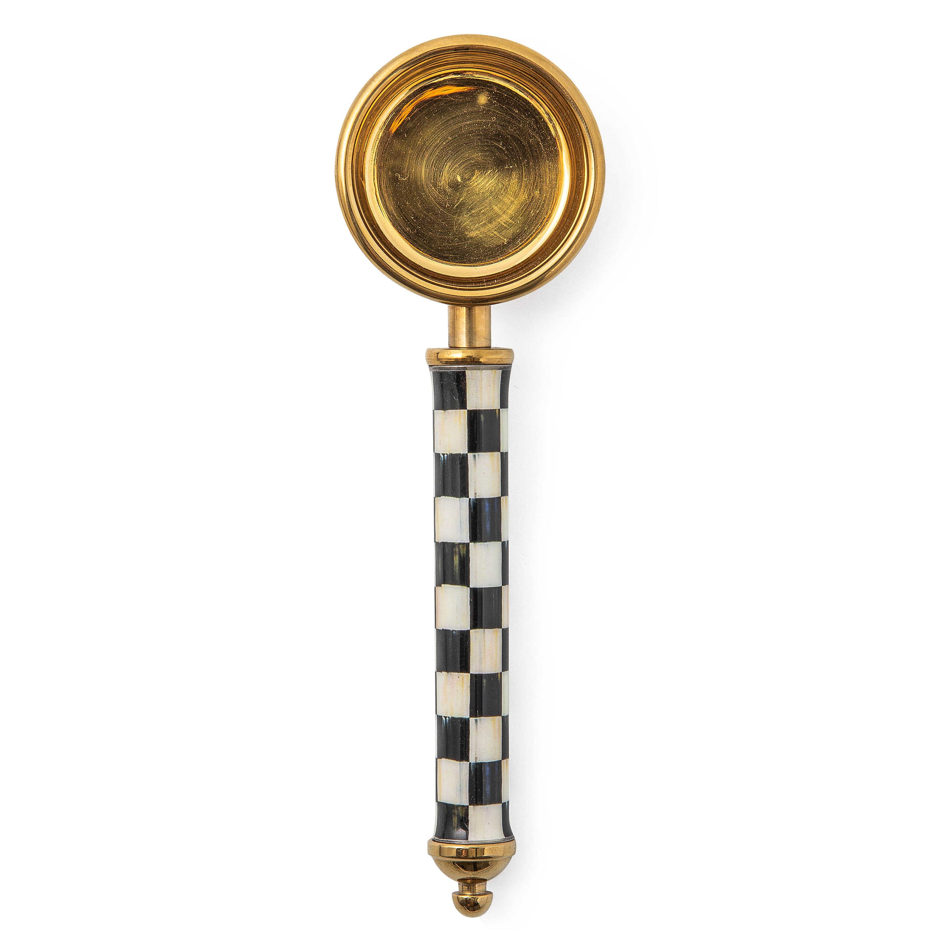 Gold coffee scoop with a black and white checkered handle and a round 2 Tbsp capacity bowl.