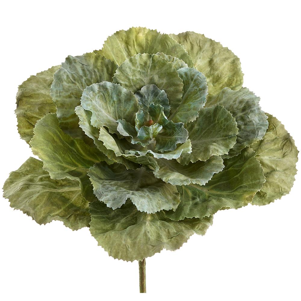Polyester ornamental cabbage pick with green leafy foliage on a metal wire stem.