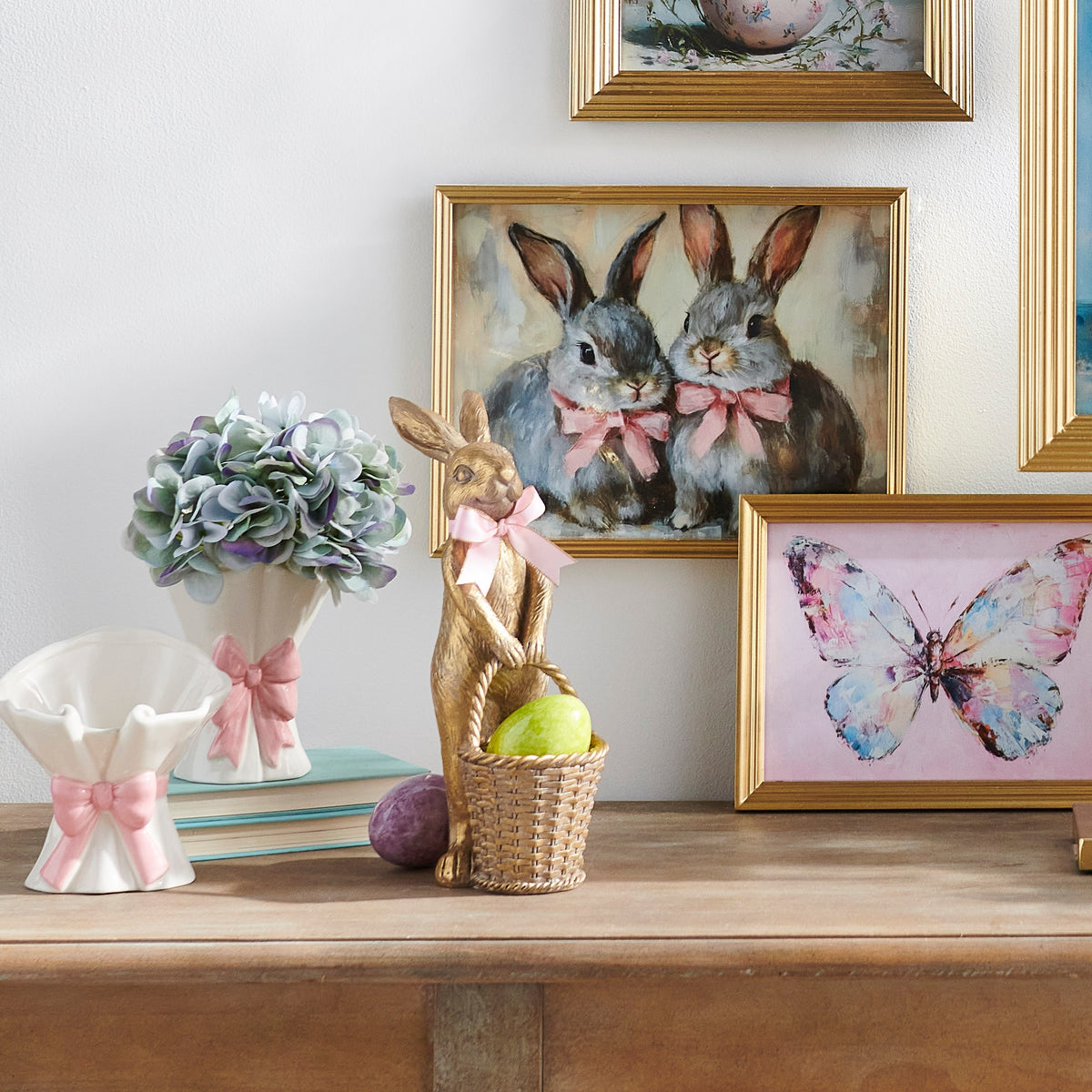 Framed wall art featuring a wood-silhouette Easter bunny with natural grain texture.