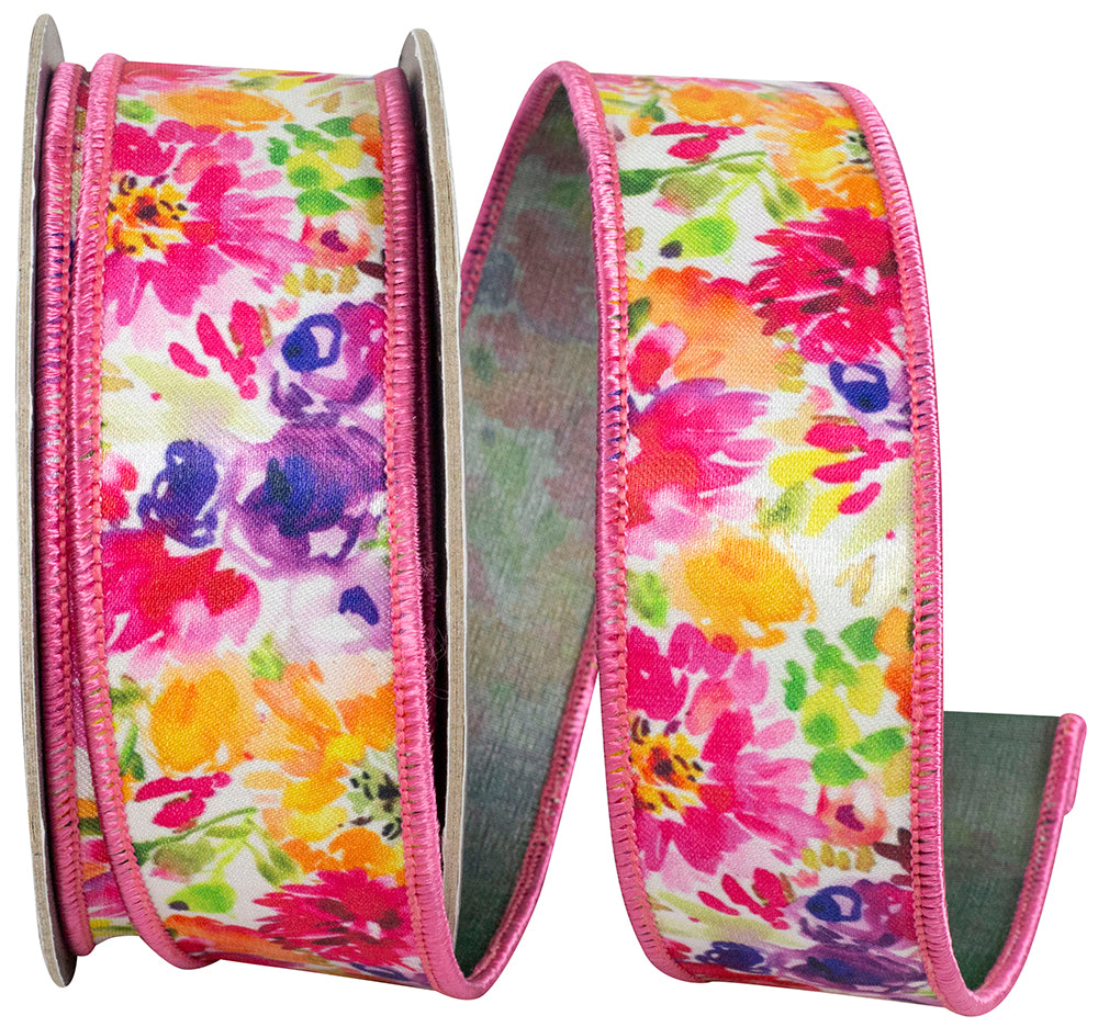 A roll of 1-1/2 inch wide floral patterned wired edge trim made from polyester.