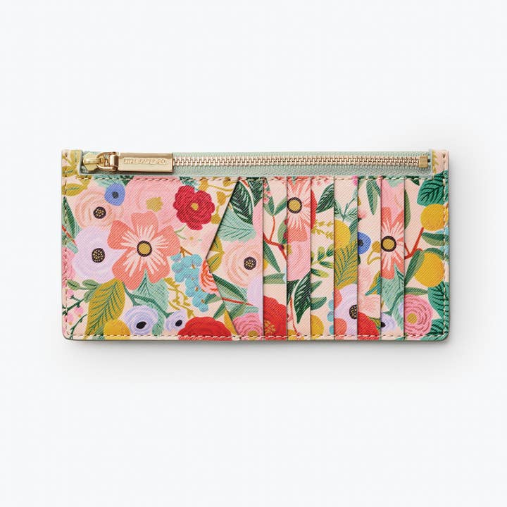 Slim card wallet in textured gold PU with metal hardware, zipper compartment, and slip pocket.