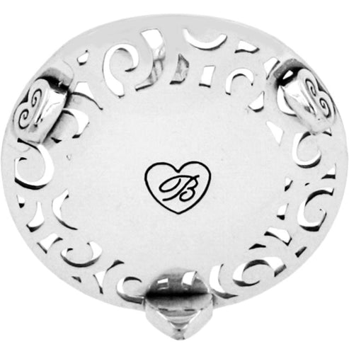 Bottom view of a silver Lacie Daisy Ring Holder featuring a heart logo with a script 'B'.