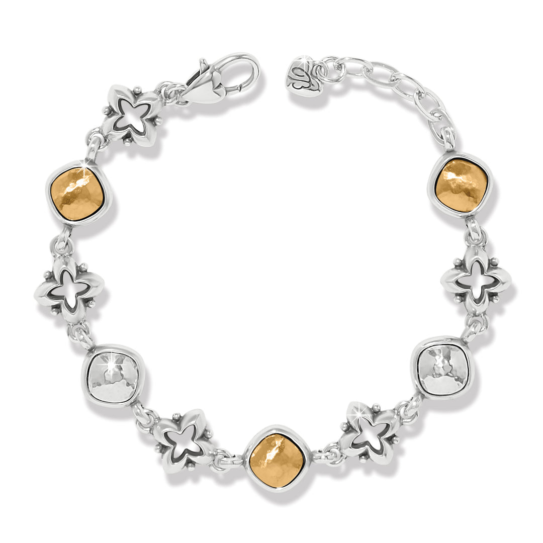 Adjustable silver-plated cathedral bracelet with brushed gold finish and lobster claw closure.