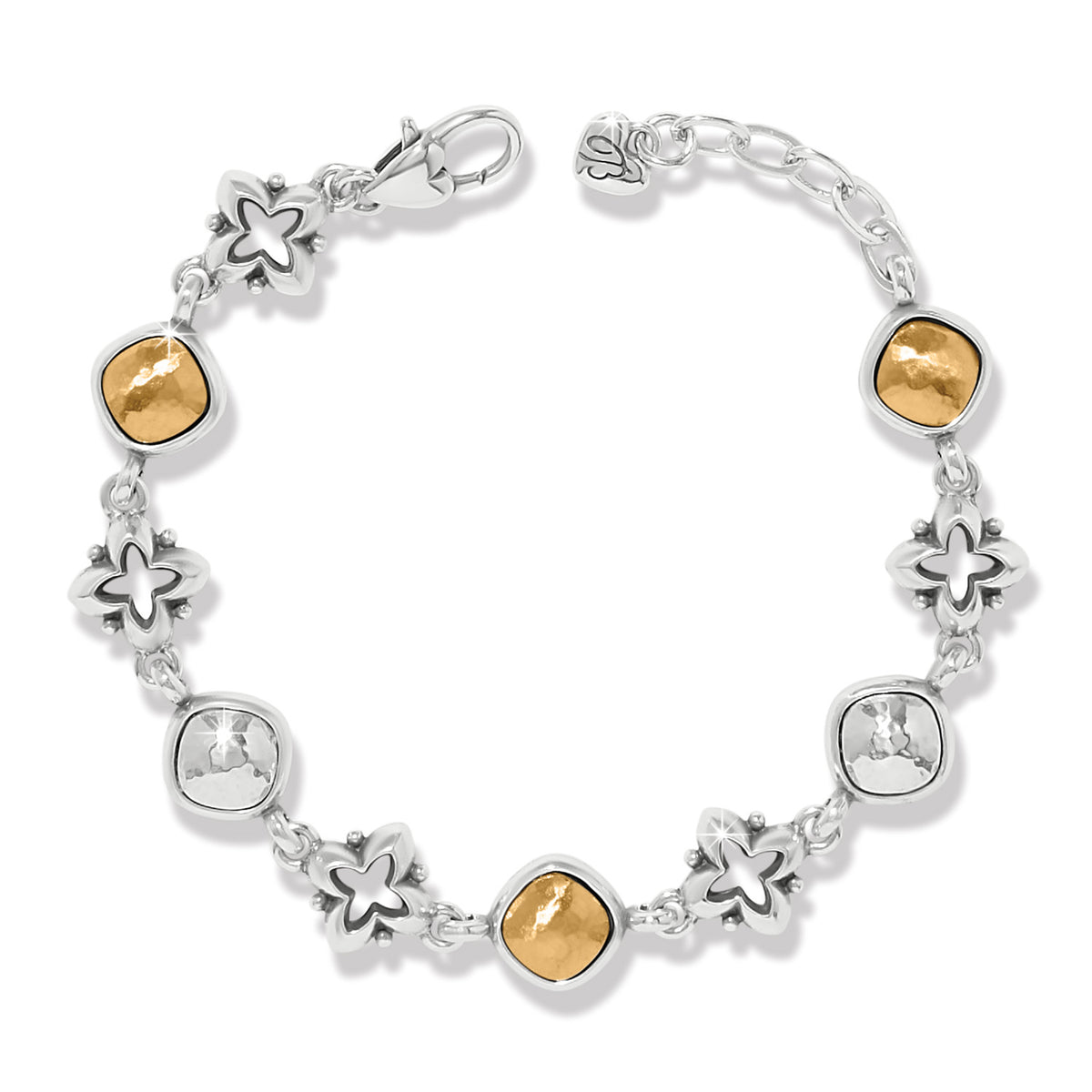 Adjustable silver-plated cathedral bracelet with brushed gold finish and lobster claw closure.