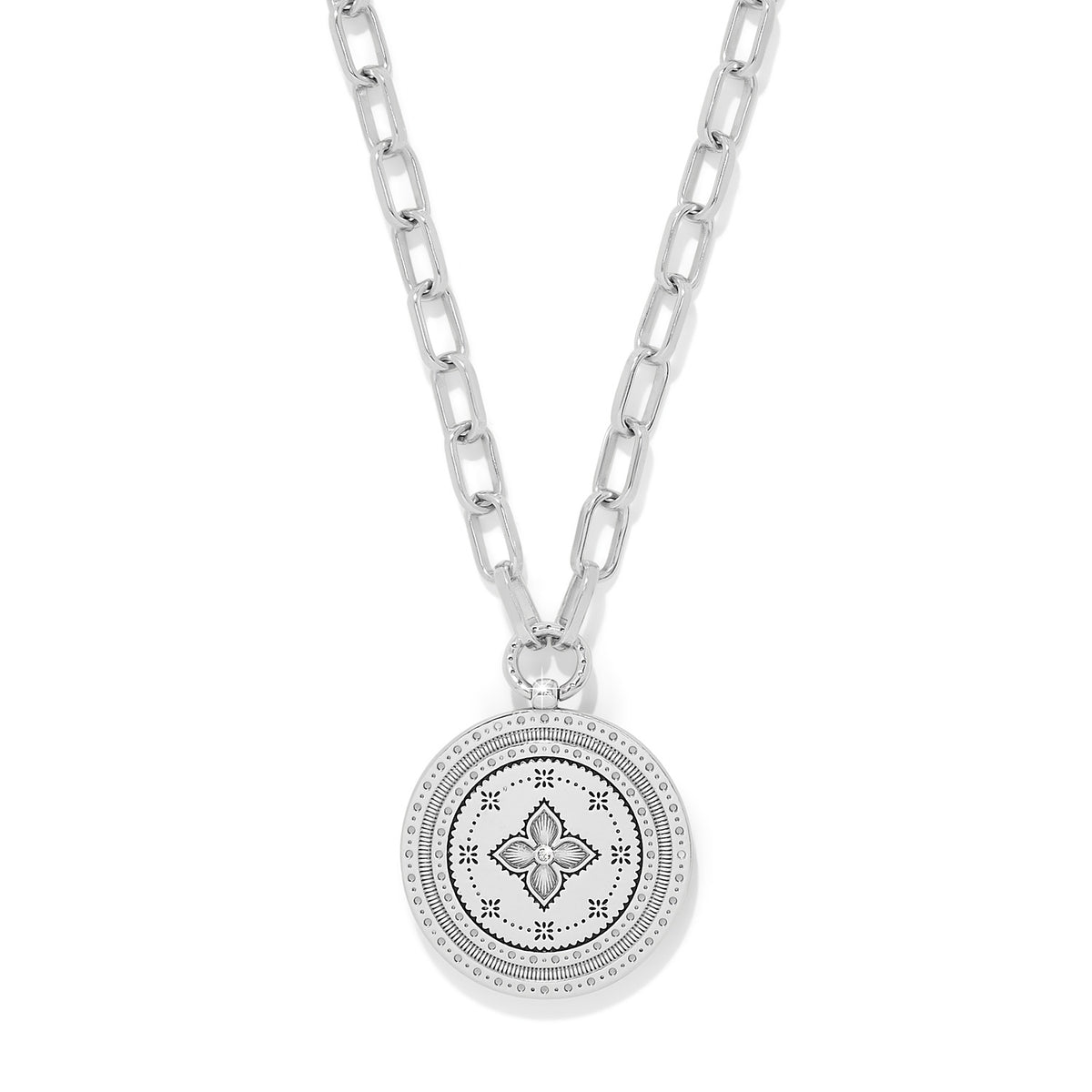 Silver-blue mosaic pendant necklace with lobster claw clasp on an adjustable chain.