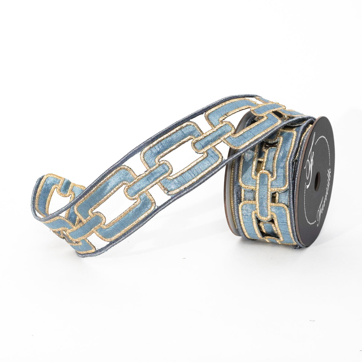 2.25 inch by 5 yard blue and gold chain-link embroidered ribbon on a spool.