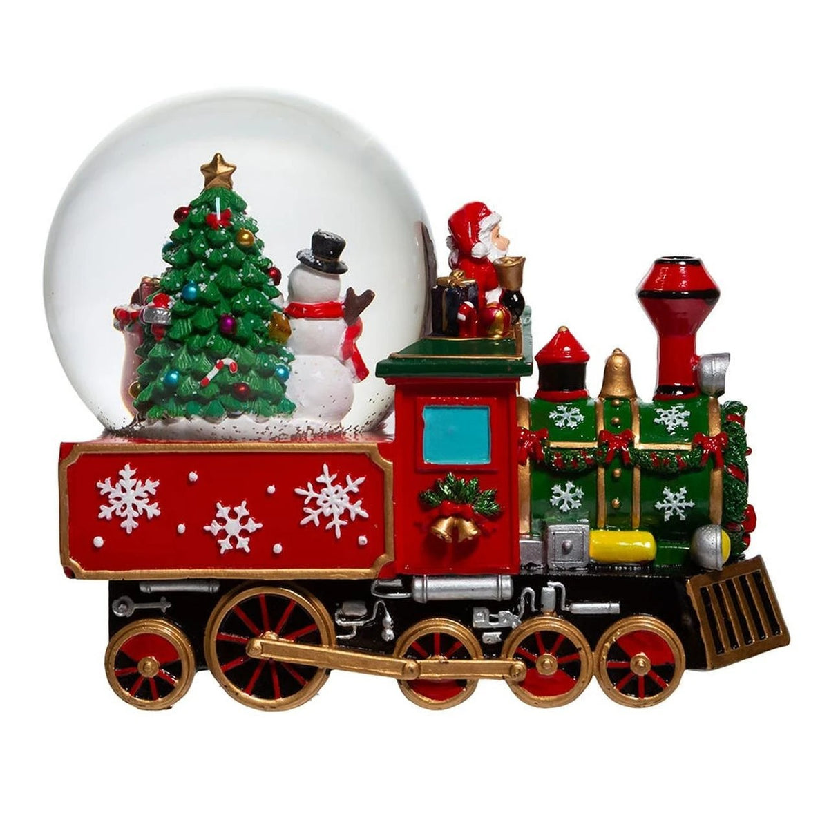 Musical Santa driving a red and green train water globe with a snowman and Christmas tree inside.