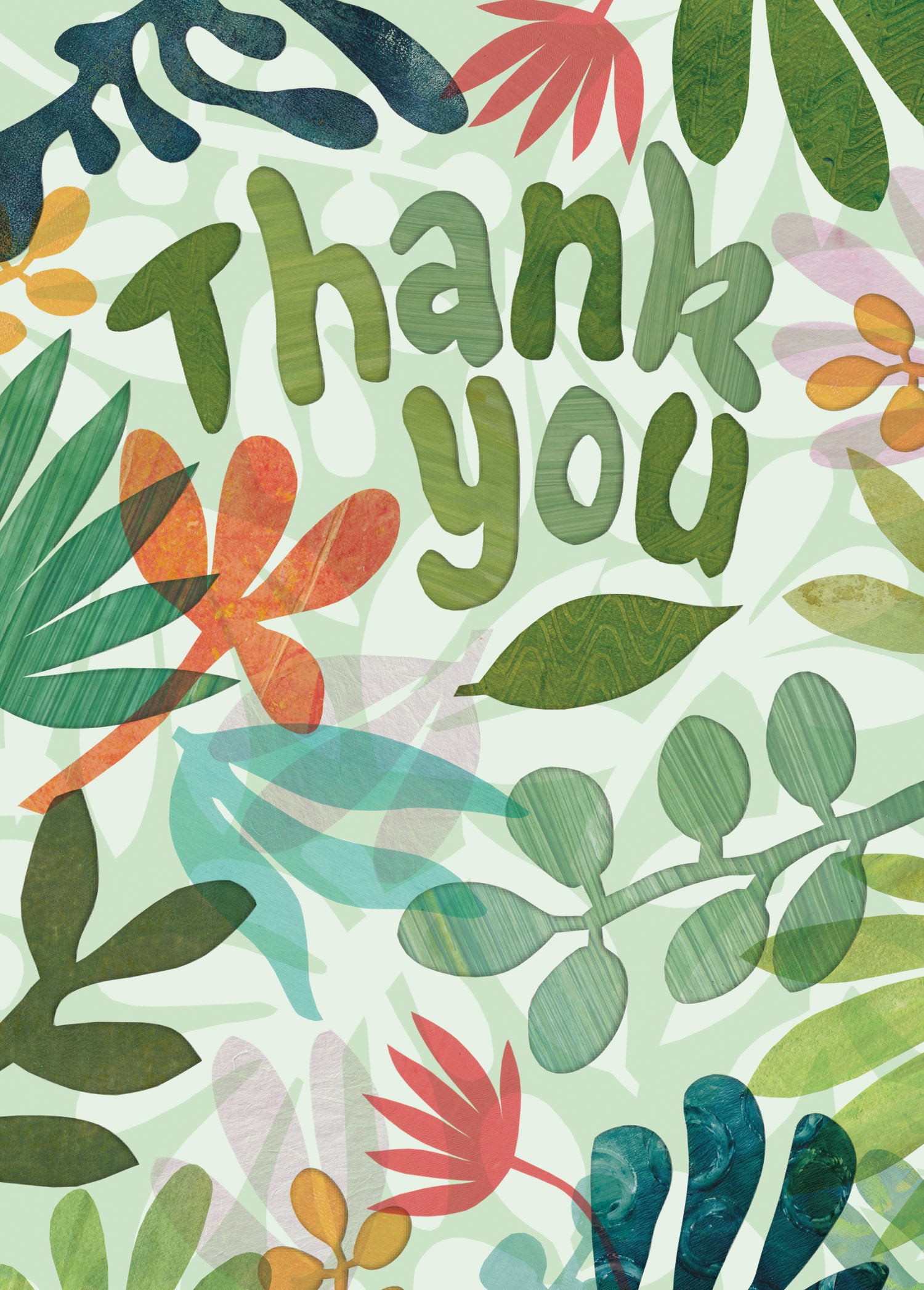 Tropic Thank You Greeting Card featuring green hand-lettered text and colorful botanical leaves.
