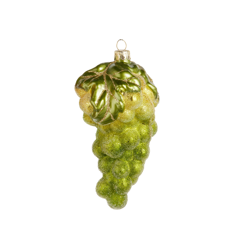 5-inch green glass grape cluster Christmas ornament with glitter accents and a gold leaf topper.