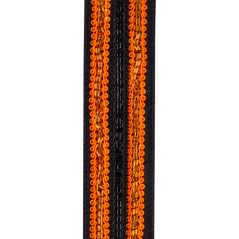 Trimming Lines Deluxe Fused Backed Wired Edge Ribbon with orange braided trim and gold beads.