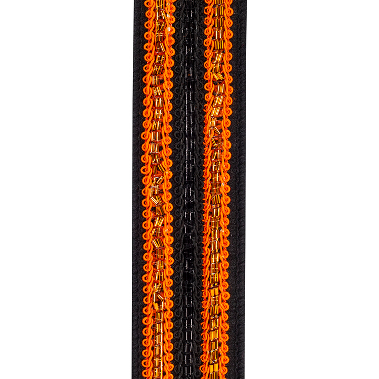 Trimming Lines Deluxe Fused Backed Wired Edge Ribbon with orange braided trim and gold beads.