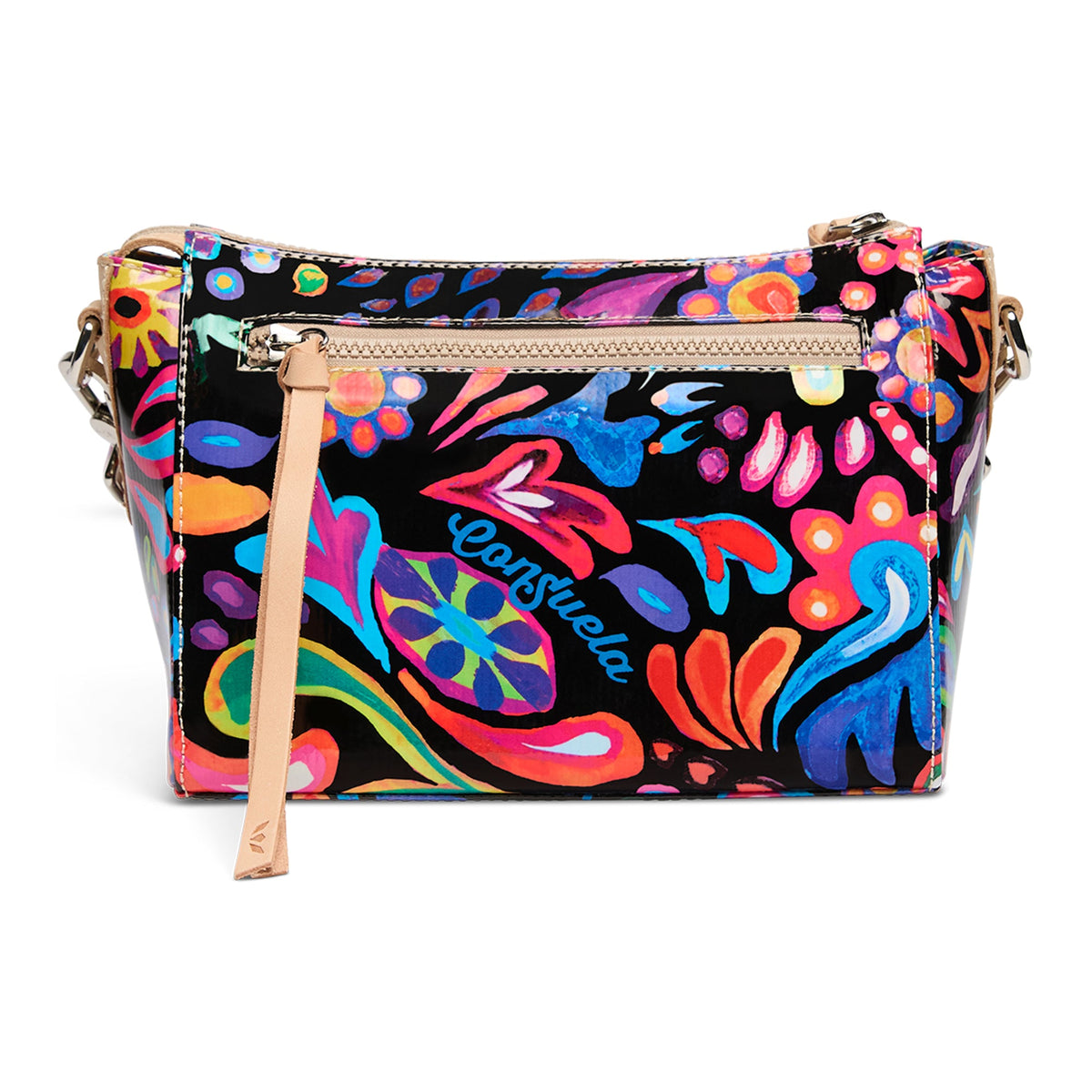 Natural leather City Bag with zipper closure, interior slide pocket, credit card slots, and detachable adjustable woven crossbody strap.