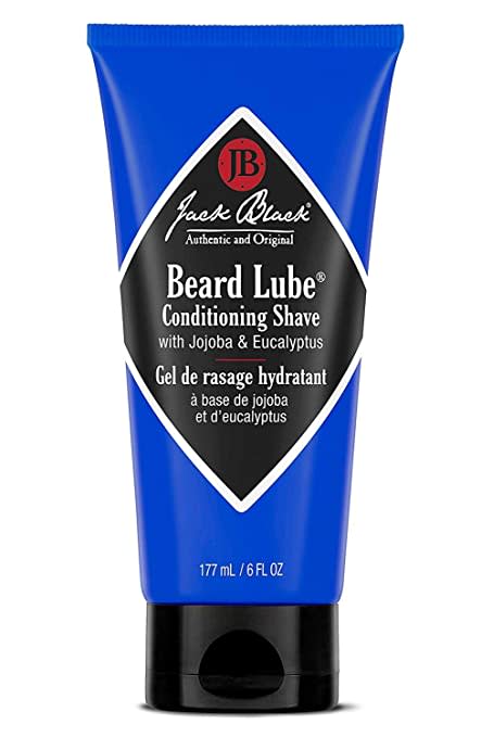 Jack Black Beard Lube Conditioning Shave with Jojoba & Eucalyptus in a 6 fl oz blue tube.