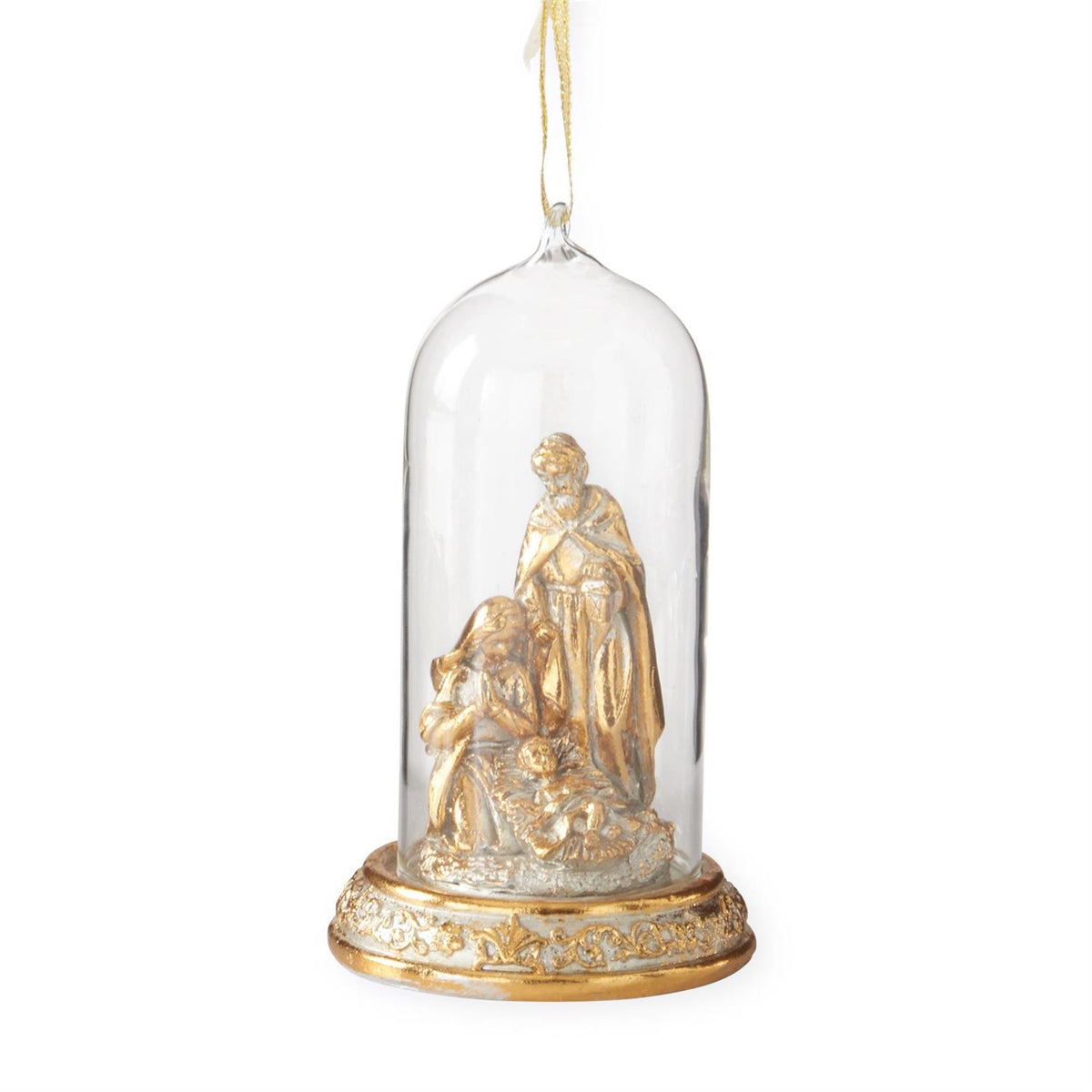 5-inch LED gold nativity scene inside a glass cloche ornament with a decorative gold base.