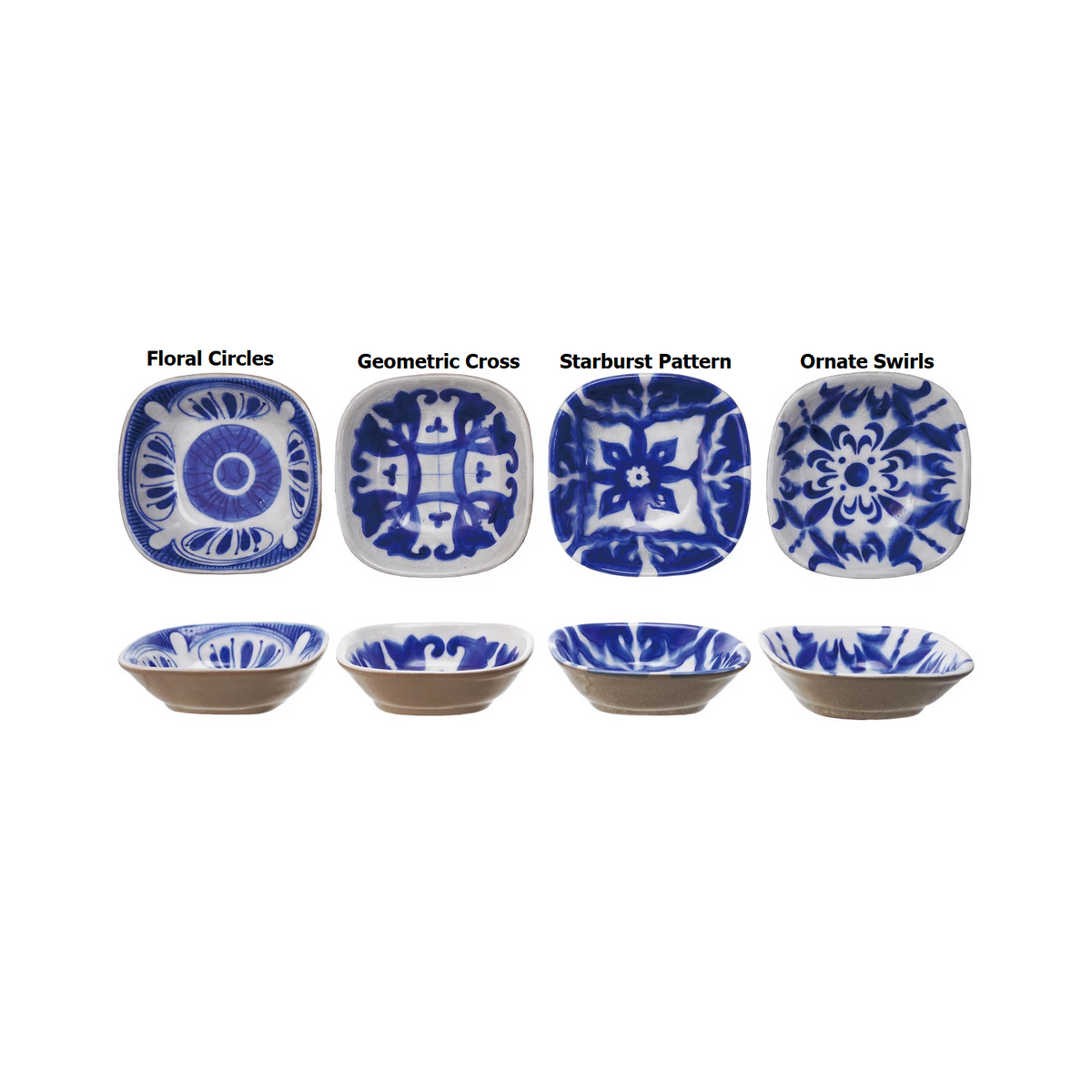 Set of four hand-painted blue and white stoneware bowls in floral and geometric patterns.
