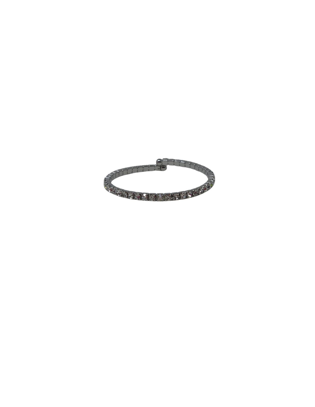 Silver-toned crystal stretch cuff bracelet with clear rhinestones on a white background.