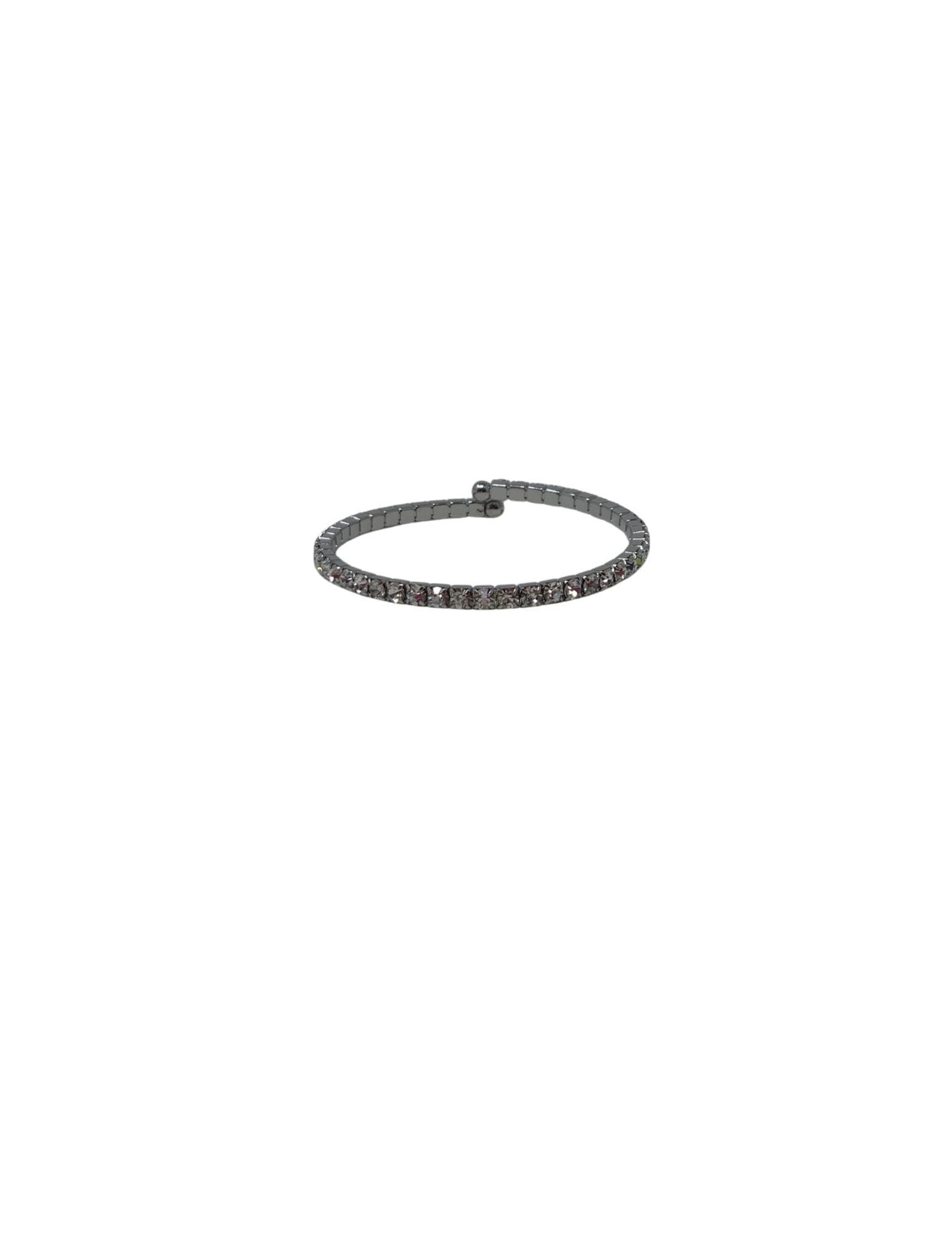 Silver-toned crystal stretch cuff bracelet with clear rhinestones on a white background.