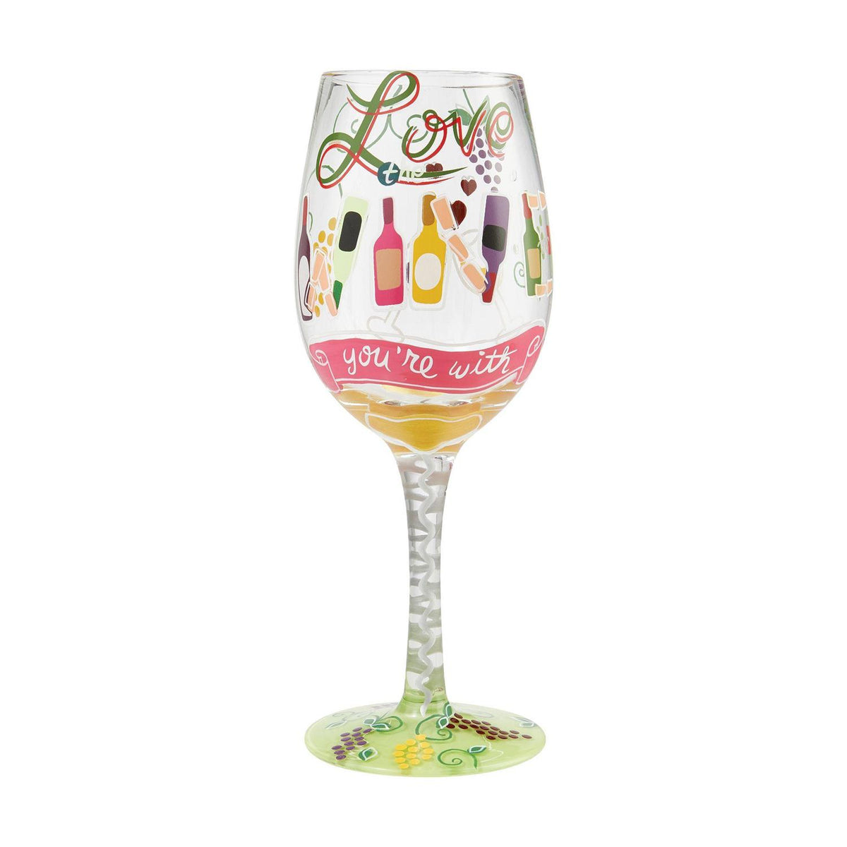 Blown glass wine glass with hand-painted colorful cocktail recipe base and glitter accents