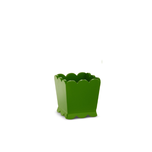 Green square MDF planter with a decorative scalloped top and base edge.